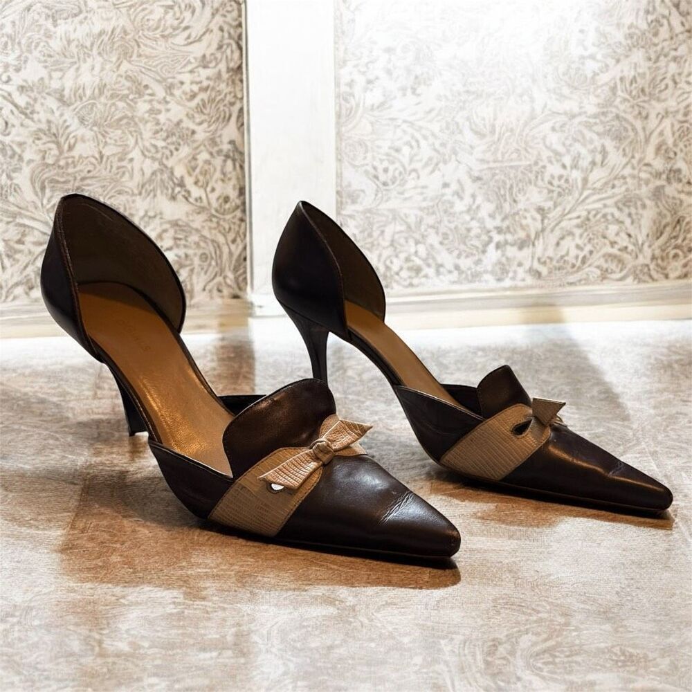 Y2K BCBG Girls Brown Pumps Heels 8.5 Bow Pointed Toe Snakeskin